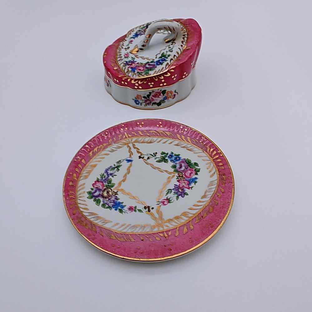 Décor à Sèvres Rare Pink Porcelain Butter Dish Gold Beaded Gilt Crowned N Mark - Picture 3 of 8